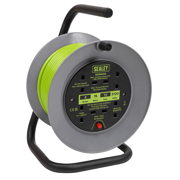 15m Cable Reel with Thermal Trip 4 x 230V - Hi-Vis Green