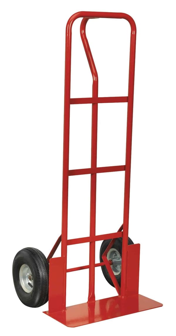 Red sack truck with pneumatic tyres, 250kg capacity for material handling.