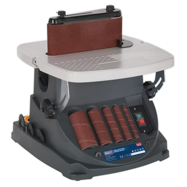 Sanding machine featuring multiple sanding drums for woodworking and DIY projects, equipped with adjustable speed settings.