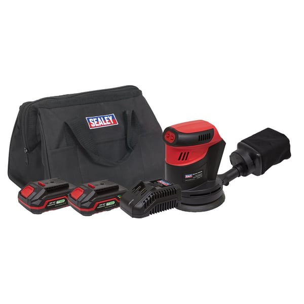 Sealey cordless sander kit including sander, batteries, charger, and carry bag for efficient sanding tasks.
