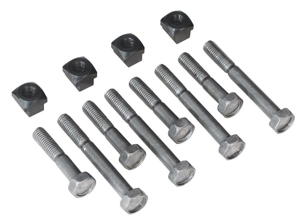 A collection of metal bolts and nuts arranged in a row, showcasing various sizes and designs for industrial applications.