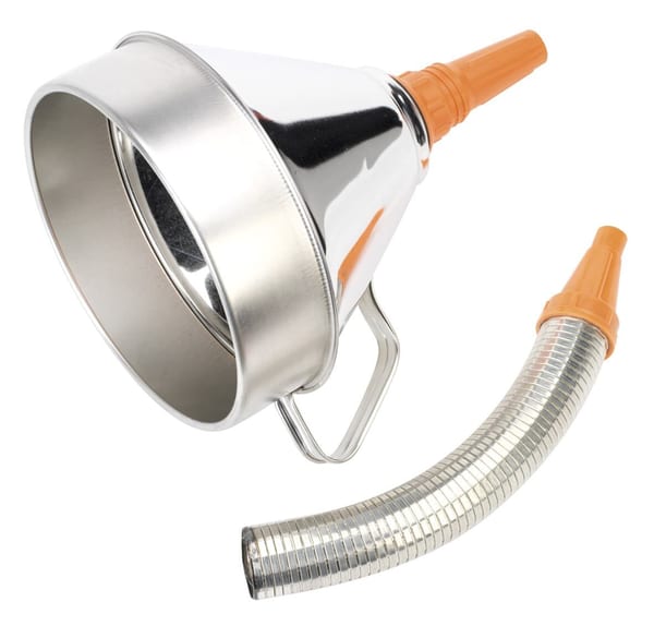 Metal funnel with flexible spout and filter, 200mm for efficient pouring.