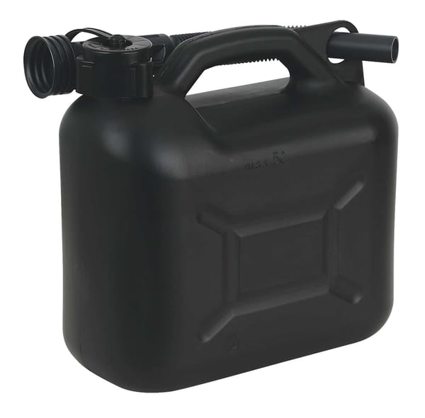 5-liter black fuel can with spout for easy pouring, ideal for garage and motoring needs.