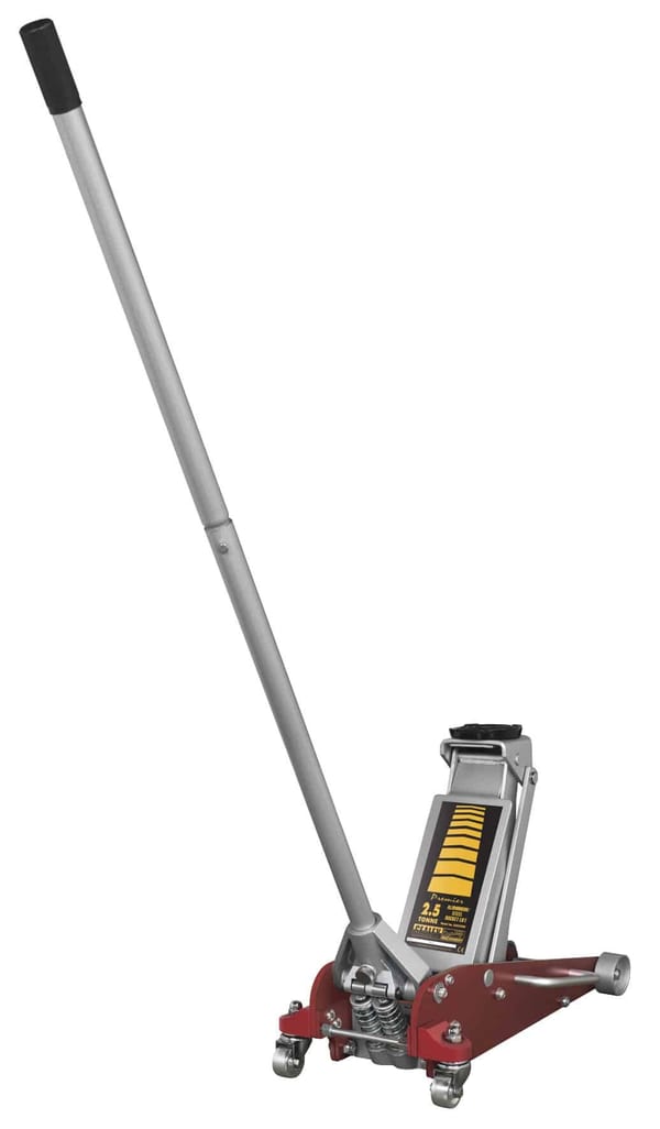 2.5 tonne trolley jack with aluminium and steel construction for quick lifting.