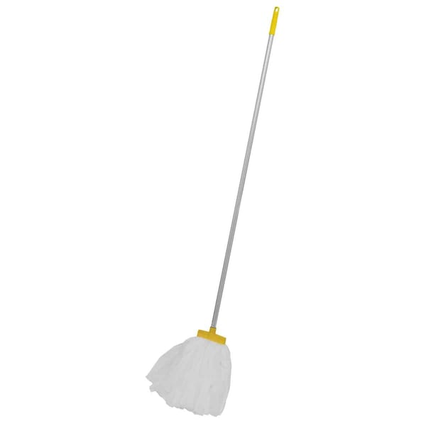 Yellow-handled cleaning mop with a white head, designed for effective dusting and cleaning surfaces.