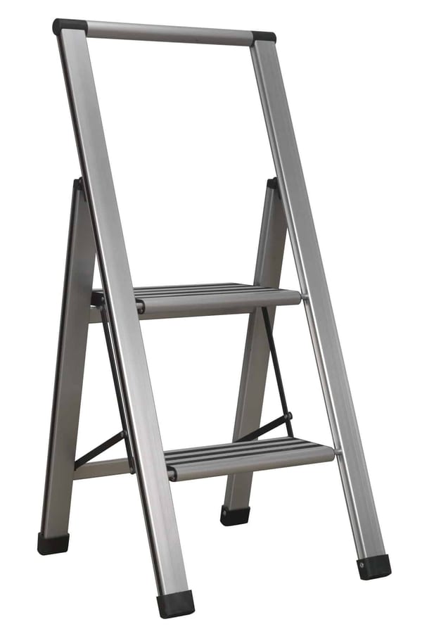 Aluminium folding step ladder with 2 steps and 150kg capacity for outdoor and indoor use.