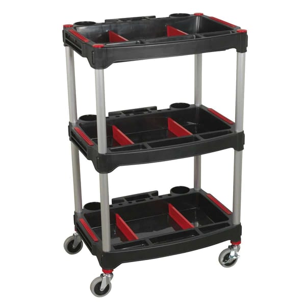 Three-tier utility trolley with wheels, featuring black and red trays for storage and organisation, suitable for various tasks.