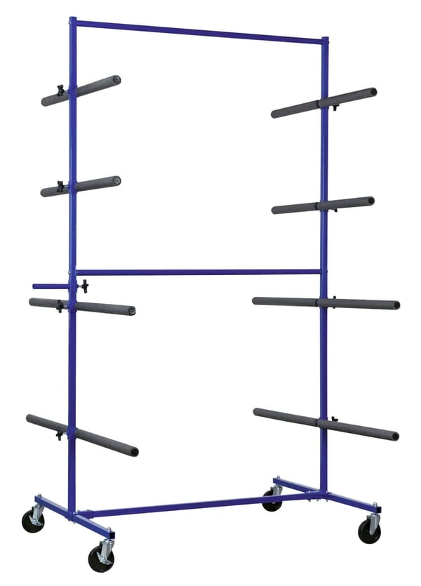 Double-sided 4-level bumper rack on wheels for garage and bodyshop use.