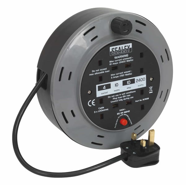 10m cassette type cable reel with 2 x 230V sockets, perfect for lighting and power needs.