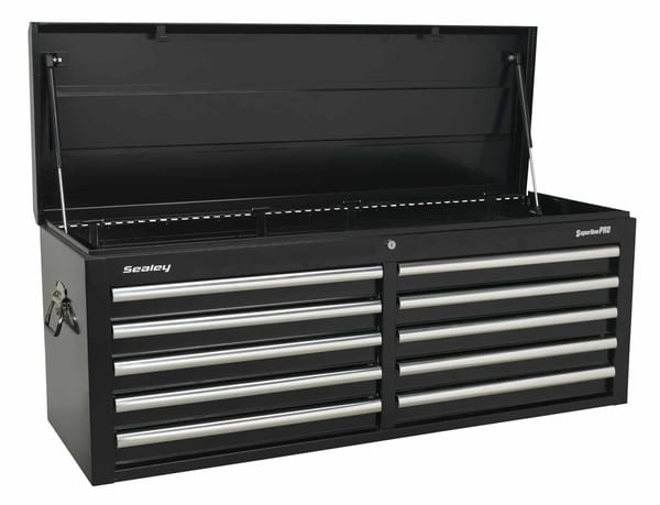 Black 10 drawer topchest with ball bearing runners for tools and equipment storage.