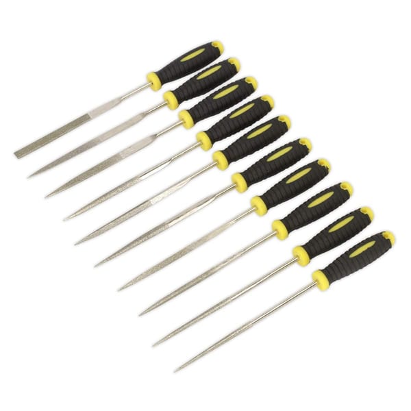 10pc diamond needle file set, 100mm with ergonomic grip handles for precision filing.