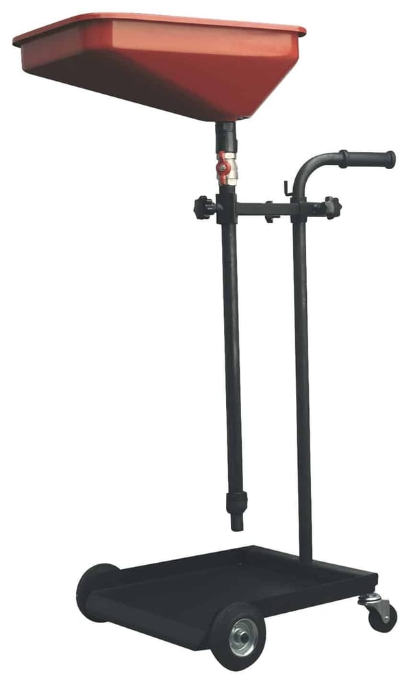Waste oil drain collector on wheels for easy oil disposal in garages.