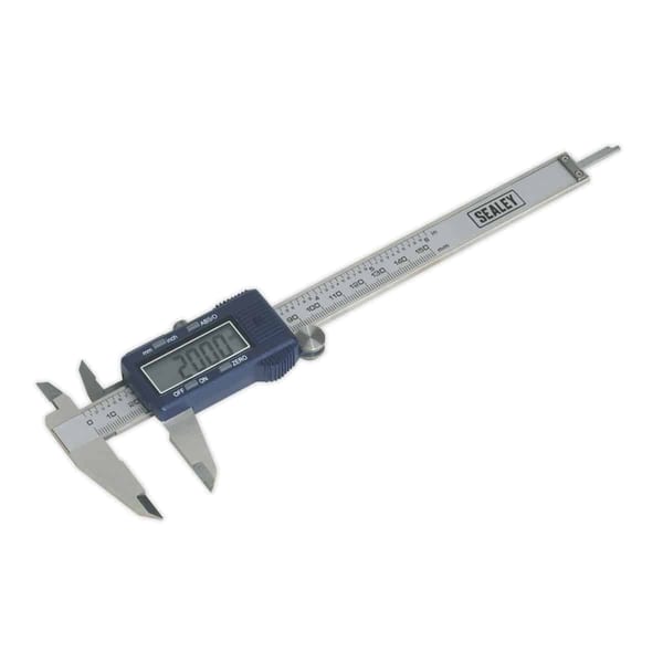 Digital caliper with a blue body and LCD display for precise measurements in millimetres and inches.