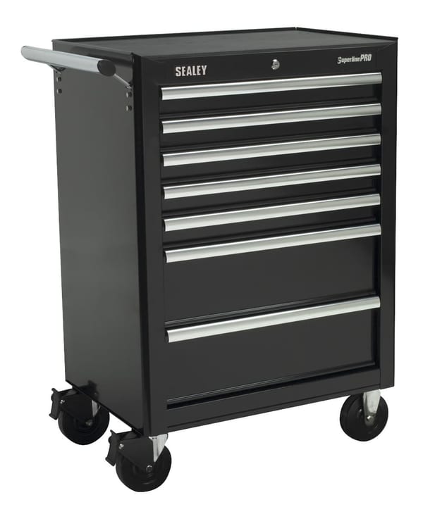 Black Rollcab with 7 drawers and ball bearing runners for tools and equipment storage