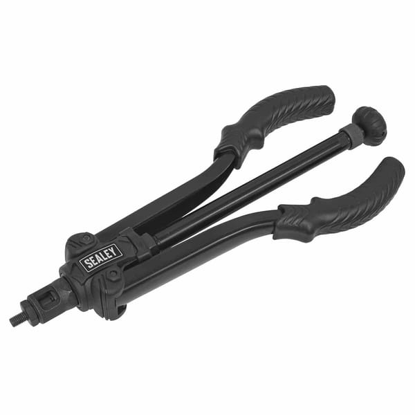 Sealey heavy-duty rivet gun with ergonomic handles for efficient riveting tasks, suitable for various materials and applications.