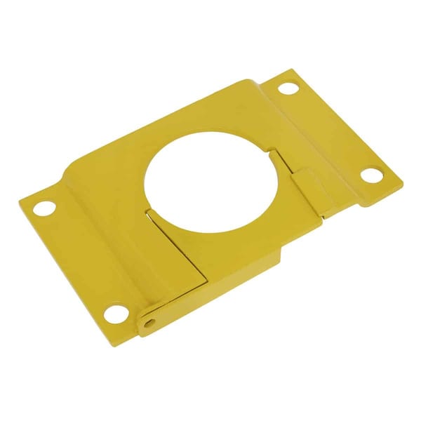 Yellow metal bracket featuring a circular cutout, designed for secure mounting and support in various applications, durable and robust.