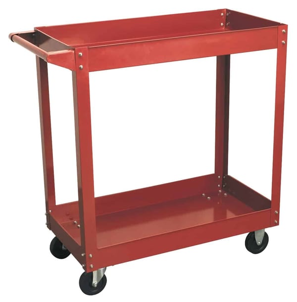 Heavy-duty two-level workshop trolley with wheels for easy mobility.