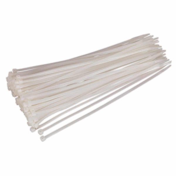 Pack of 100 white cable ties for securing and organising cables, featuring durable plastic construction and various lengths.