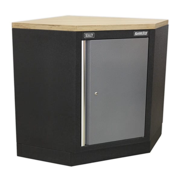 Sealey storage cabinet featuring a wooden top and a grey door, ideal for organising tools and equipment in a workshop or garage.