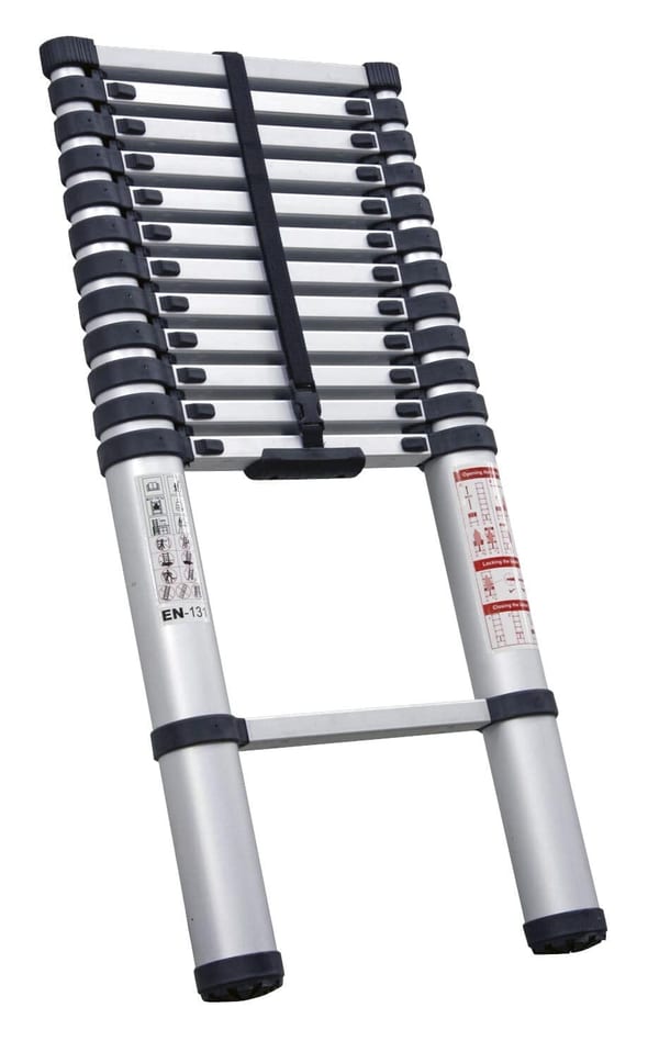 Aluminium telescopic ladder with 13 treads for versatile outdoor and janitorial use.
