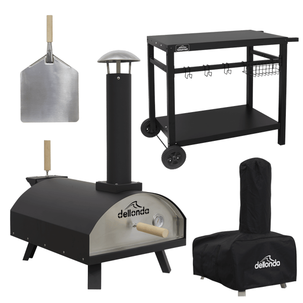 Wood-Fired Pizza Oven, Pizza Peel, Cover & Plancha Trolley 14" - Black