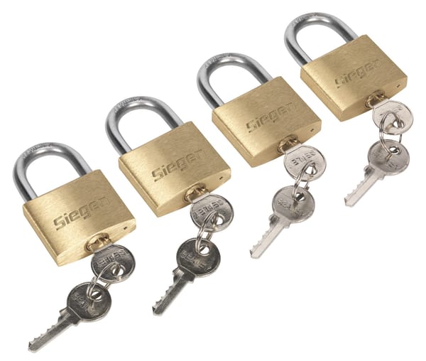 Set of 4 brass body padlocks with brass cylinders and keys, 40mm, ideal for security.