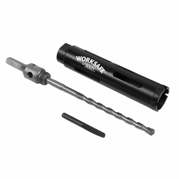 Sealey WorkSafe drill bit set including a drill bit, holder, and tool for various drilling tasks.