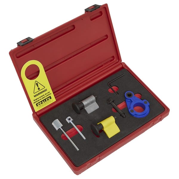 Engine timing tool set including various components in a red case, designed for vehicle maintenance and repairs.