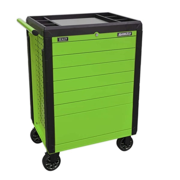 Sealey green tool storage trolley with black accents and wheels, designed for easy mobility and organisation of tools and equipment.