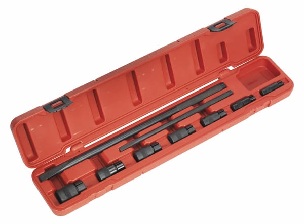 9-piece motorcycle wheel bearing removal kit in a red case