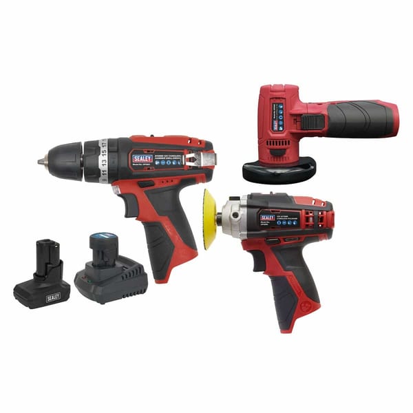 Sealey cordless power tool set featuring a drill, impact driver, and battery pack, designed for versatile applications in DIY and professional tasks.