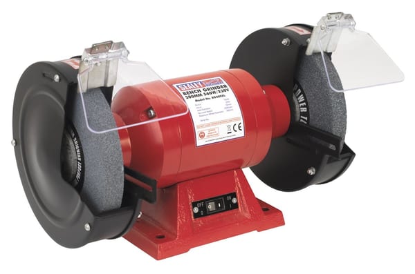 200mm Bench Grinder 560W for sharpening and grinding tools, equipped with safety shields.