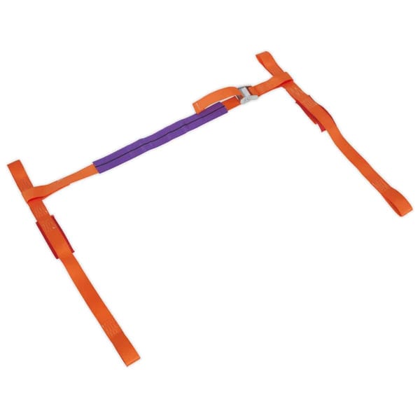 Adjustable safety harness strap in orange and purple for secure fastening and support in various applications.