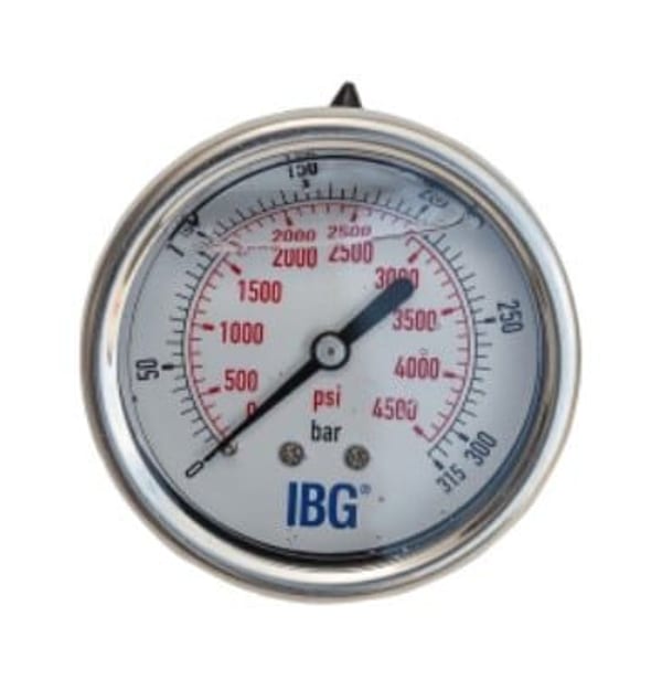 IBG pressure gauge measuring up to 4500 PSI with clear dial and red markings for accurate readings.