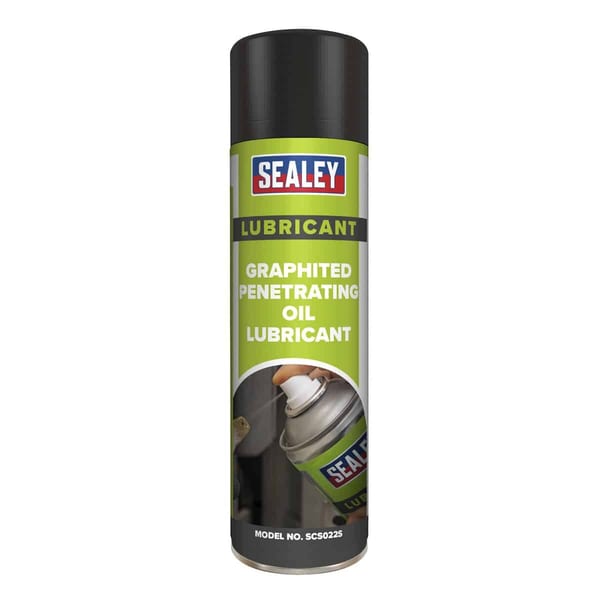Sealey graphited penetrating oil lubricant in a spray can, designed for effective lubrication and maintenance of mechanical parts.