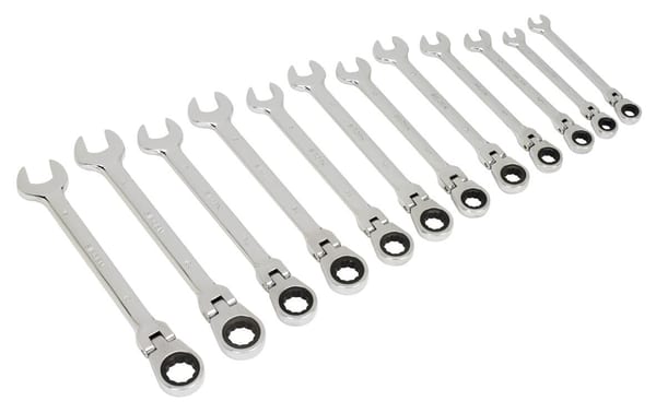 12-piece flexible head ratchet combination spanner set, metric sizes for versatile hand tool use.