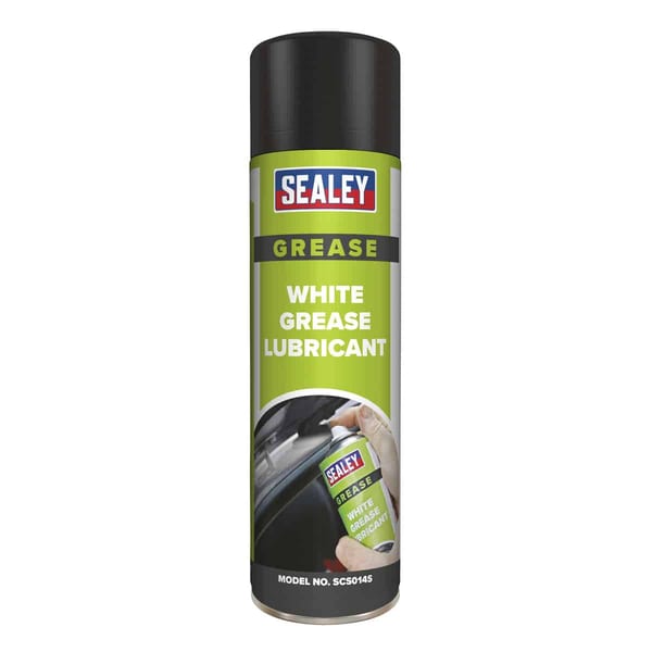 Sealey white grease lubricant spray can for automotive and mechanical applications, model SC5045, featuring a green and black design.