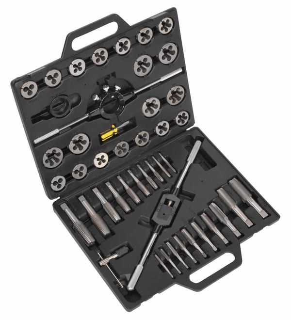 Imperial 45pc Tap & Die Set with split dies for thread cutting in a sturdy case.