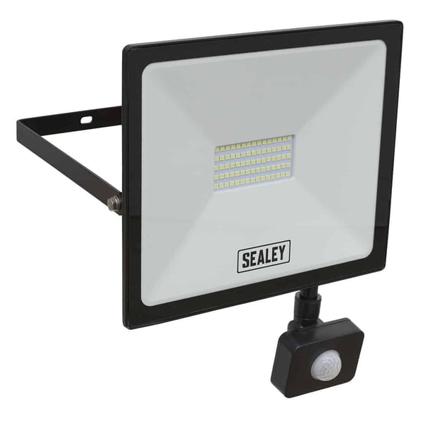 Sealey LED floodlight featuring motion sensor technology for enhanced security and energy efficiency, ideal for outdoor use.