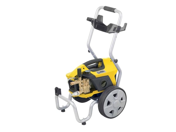 Compact yellow and gray pressure washer with wheeled cart for easy mobility.