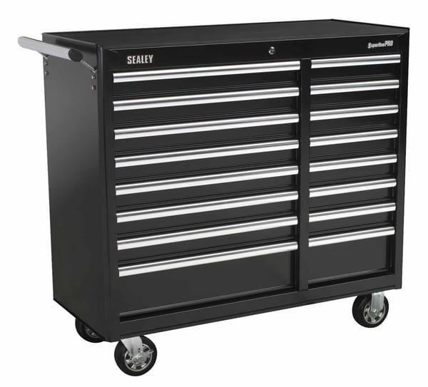 Heavy-duty rollcab with 16 drawers and ball bearing runners, black storage tool chest.