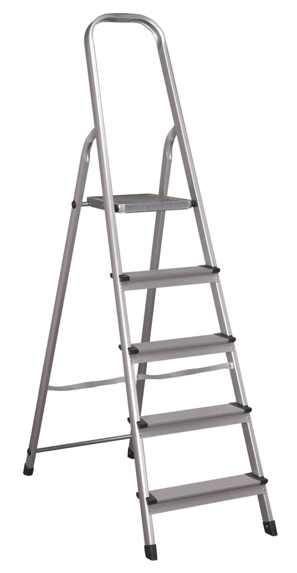 Aluminium step ladder with 5 treads, lightweight and durable, suitable for various tasks.