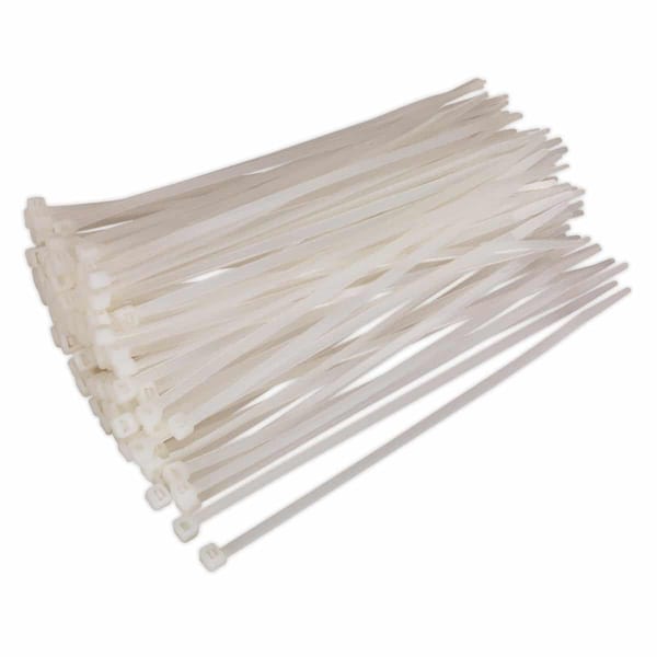 Pack of 100 white cable ties 200 x 4.8mm for organizing and securing cables.