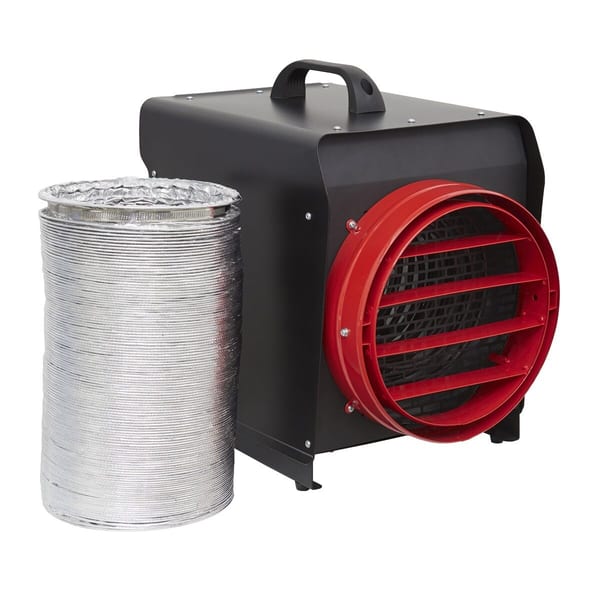 Portable industrial air heater featuring a red front grille and flexible ducting for efficient air distribution in various environments.