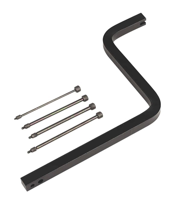 Heavy-duty door hinge-pin tool set with L-shaped tool and four interchangeable pins.