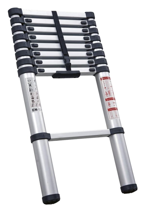 Aluminium telescopic ladder with 9 treads, ideal for janitorial and outdoor use.