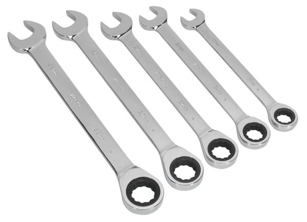 5-piece metric combination ratchet spanner set from Siegen, ideal for hand tools and workshops.