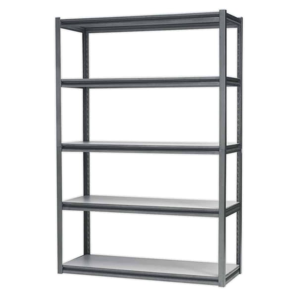 Heavy-duty racking unit with 5 shelves, 600kg capacity per level, ideal for storage and workshops.
