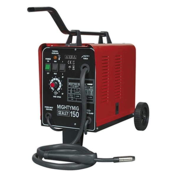 Sealey MightyMig 150 welding machine with control panel and welding torch, designed for MIG welding applications.