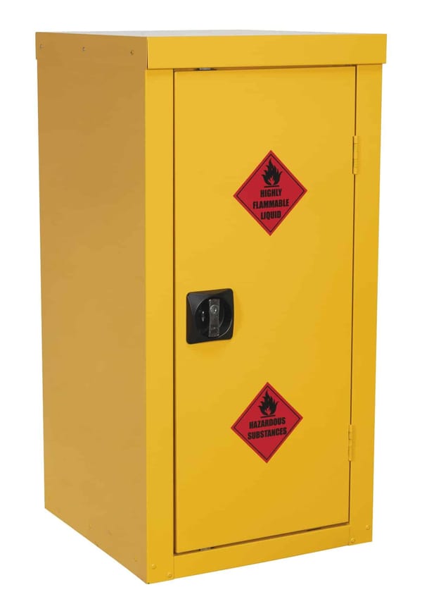 Flammables storage cabinet 460x460x900mm with safety labels and secure lock